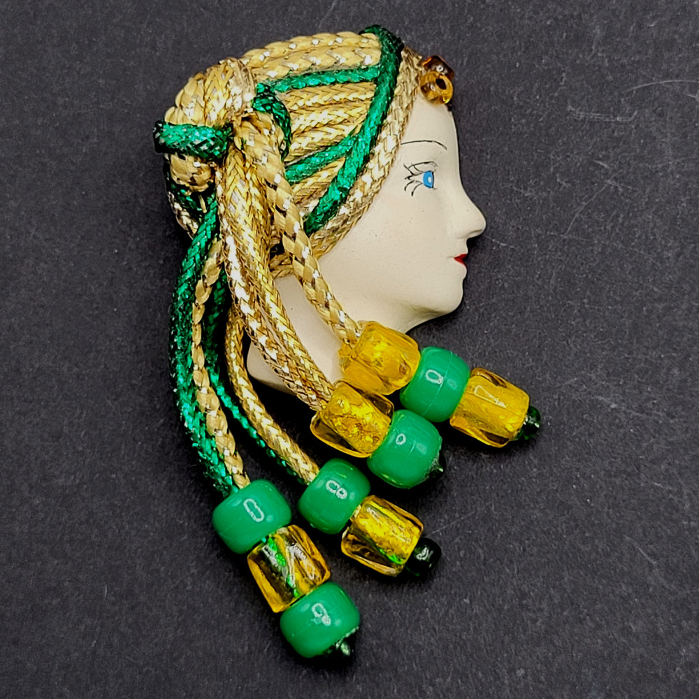 Lady Face Hand Painted Resin Braided Bead Long Hair Art Deco Revival Brooch Pin