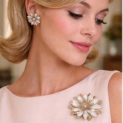 60s Sarah Conventry Gold and White Water Lily Brooch and Earring Set