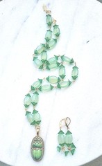 SALE! VINTAGE NEIGER EGYPTIAN SCARAB PENDANT FLOWER OPALITE BEAD NECKLACE SET