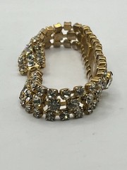 Vintage Estate Gold Tone Clear Rhinestone Fold Over Clasp Bracelet 7”