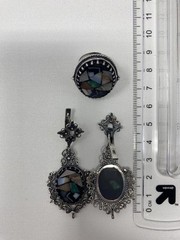 Vintage USSR 925 Sterling Silver Jewelry Set Ring & Earrings Mosaic Stone Video