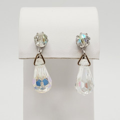 Vintage AB Crystal Faceted Teardrop Prism Drop Dangle Fancy Screw Back Earrings