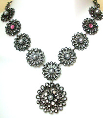 Gray Faux Pearl Clear Pink Rhinestone Pendant Necklace 19″ Black Filigree Metal