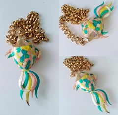 Vintage 1950s Mid-Century Colorful Enamel Tropical Fish Pendant Necklace