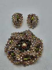Vintage Olive Marquis & Aurora Borealis Rhinestone Brooch And Earrings Demi…