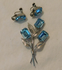Sterling Silver Blue Crystal Rhinestone Flower Brooch and Earrings Vintage Set