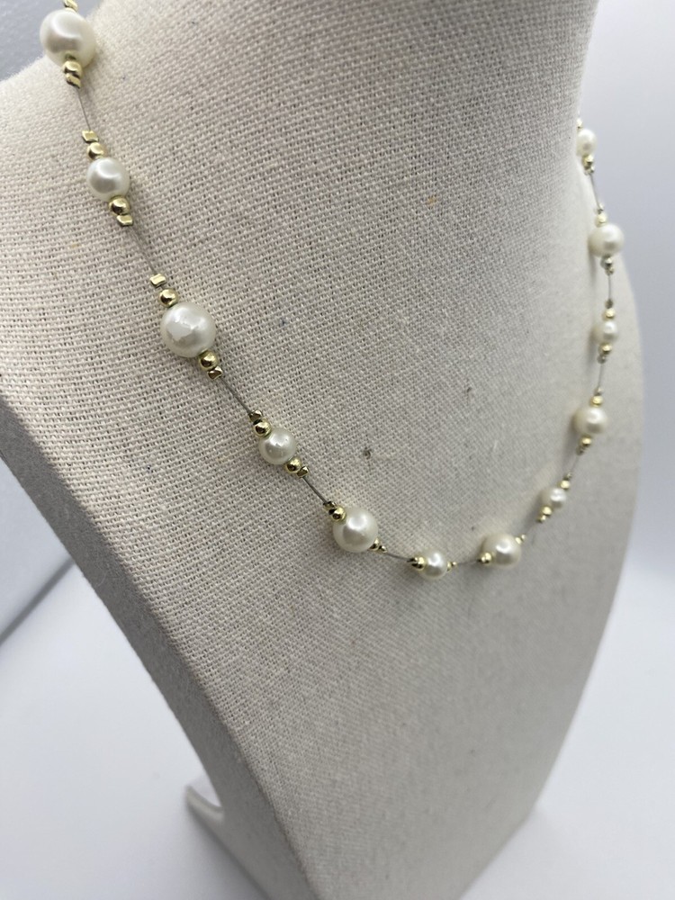 Faux Pearl Choker Necklace Gold Tone Bead Wire 15 Inch
