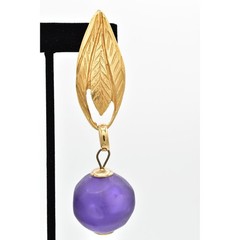 Vintage Chunky Leaf Clip On Earrings Brushed Gold Frosted Purple 80s 1980s BinBK