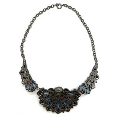 1930s Czech Blue Glass Rhinestone Pot Metal Floral Bib Necklace