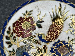 Vintage HUGE Cloisonné Enamel Brooch Birds Flowers Old Trombone Clasp