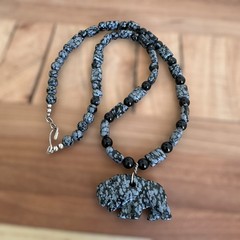 VTG Pendant Necklace 19 Inch Carved Buffalo Snowflake Obsidian Black Onyx Beads