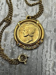Gold Plates 1936 Mercury Dime Pendant With Iridescent Rhinestones, 16” Chain