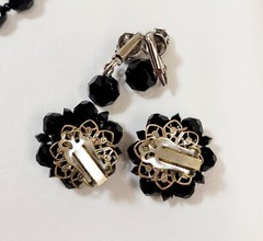 Vtg Black Crystal Glass Beads 2 Pr Earrings Bracelet & Necklace Goth Victorian