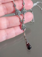 Vintage Unused W/Box Sterling Silver Garnet & Marcasite Station “Y” Necklace