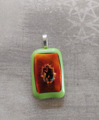 Vintage pendant artisan art glass 3D fiery precious metal foil boro silica green