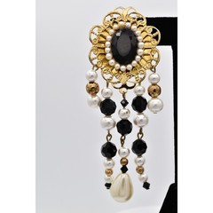 Jacklynn Vintage Beaded Fringe Clip On Earrings Black Crystal Pearl Gold BinBF