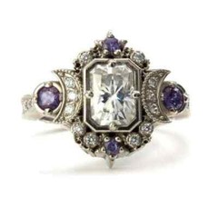 Art Deco Style Emerald Cut Lab Created Diamond 925 Silver Moon Engagement Ring