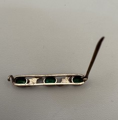 Antique Edwardian Silver Tone Bar Brooch — Green & Clear Paste Stones