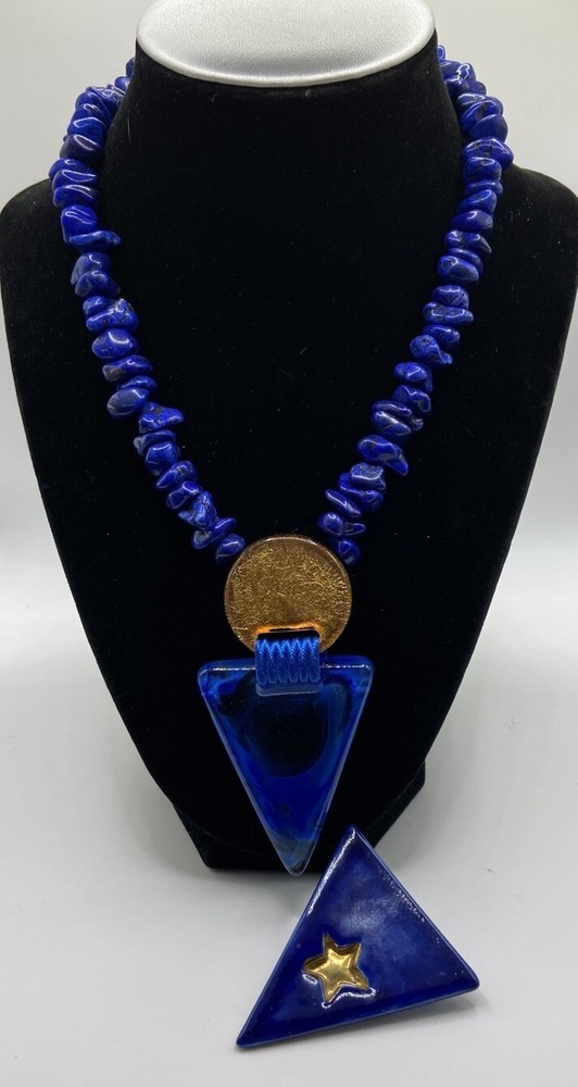 Vintage Lapis Stone nuggets Beaded Necklace W/ Triangle pendant & Brooch