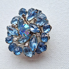 Vintage Blue Rhinestone Layered Cluster Brooch, Aurora Borealis Center