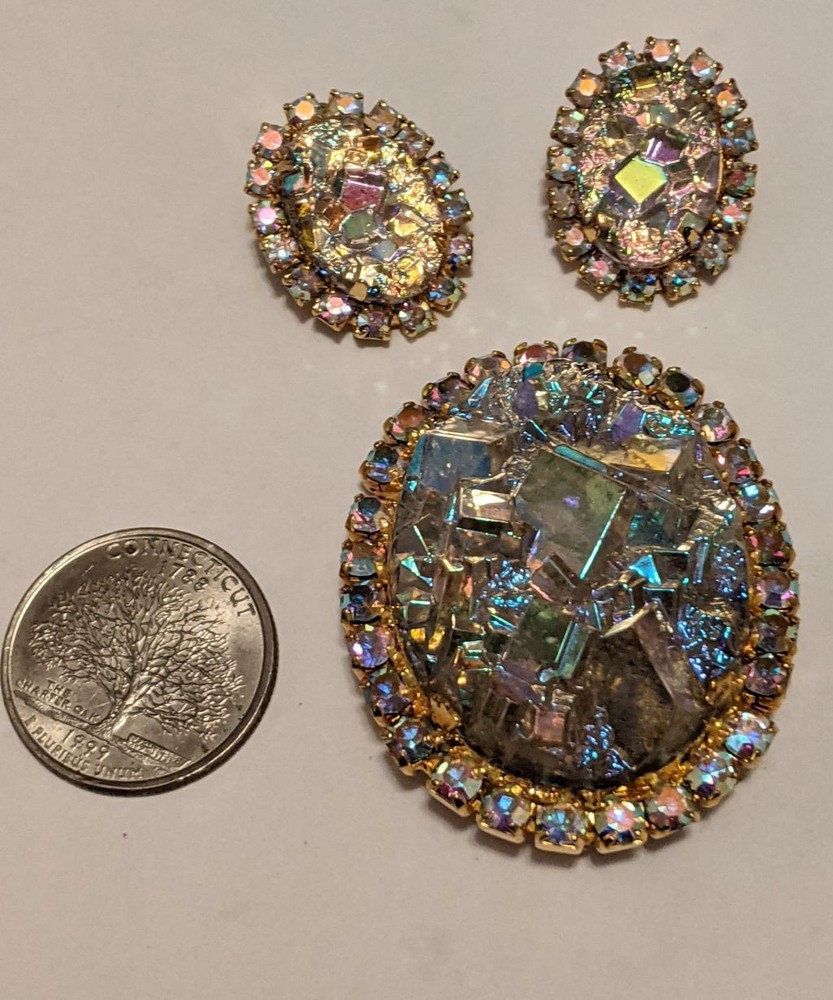 Vintage Juliana D&E Aurora Borealis Geode Brooch & Clip Earrings Set – Stunning!