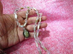 Glass Shell & Acrylic Bead Pendant Necklace 23″ / Neutral Tones & Clear / F