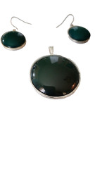 Vintage Dark Green Round 1 1/2 In D Pendant 1 In D Earrings Set Elegant Classic