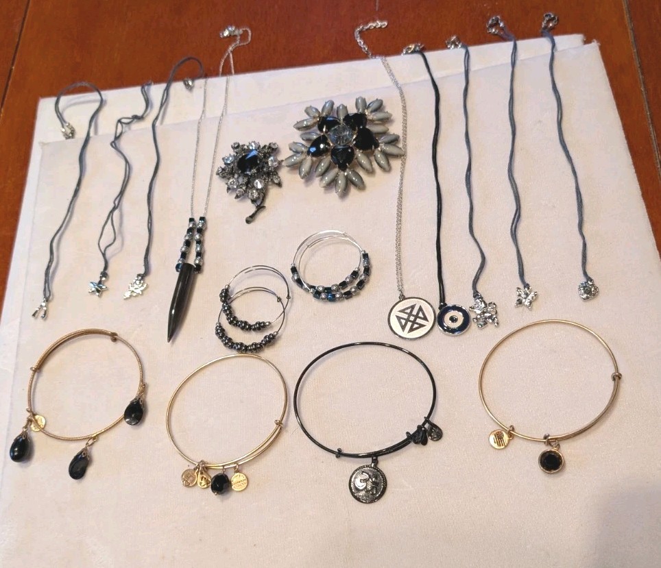 Alex & Ani Lot Of 17 Assorted Black Brooches bracelets Necklace Earrings