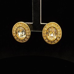 Vintage Gold Tone Crown Swarovski Coin Stud Earrings