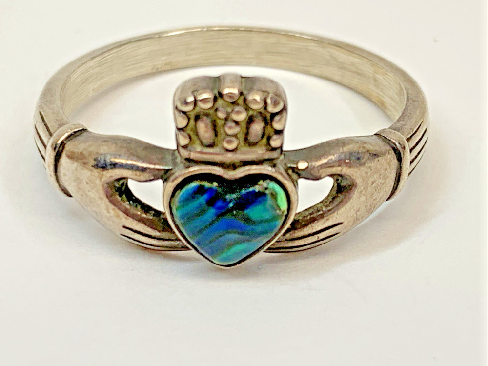 Vintage Wheeler Sterling Silver Abalone Claddagh Hearts in Hands Ring Size 9.75
