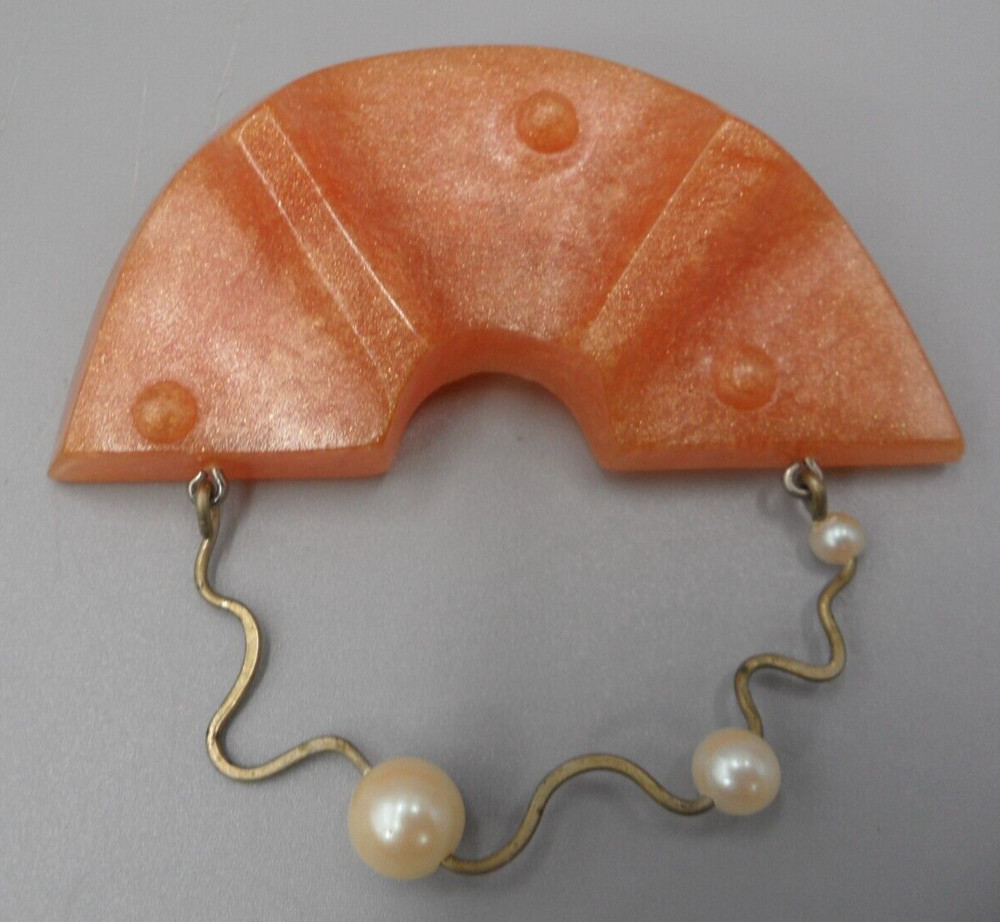 80s Art Deco Brooch Half Moon Sunburst Faux Pearl Peach Hard Resin Abstract