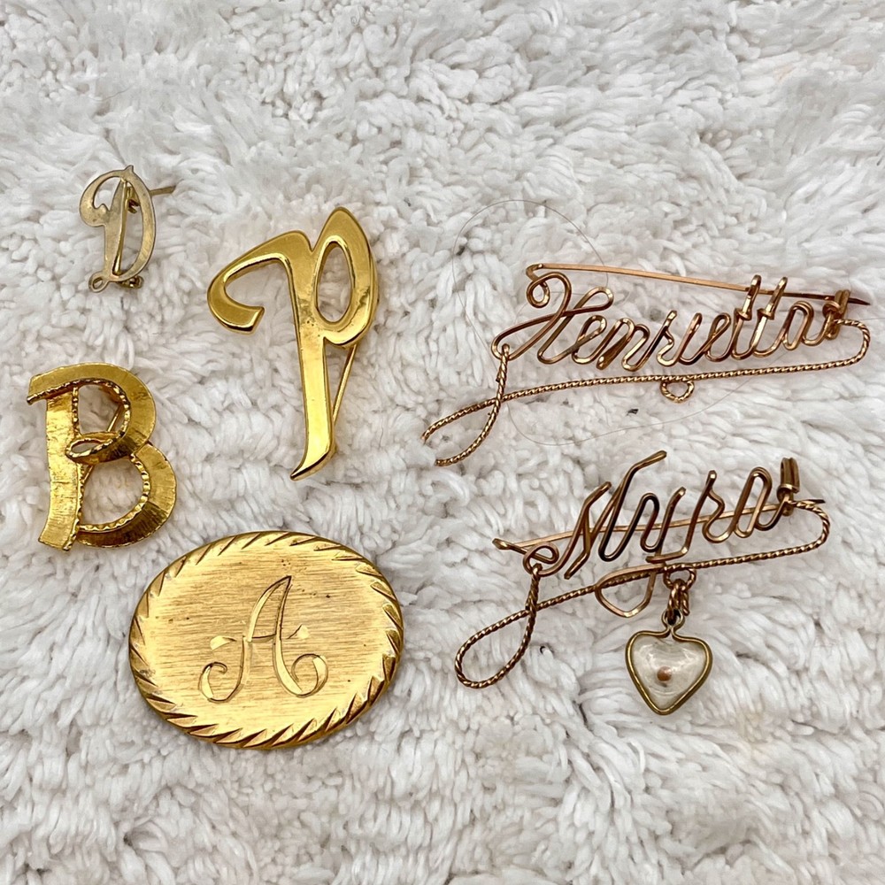 Vintage Monogram Brooch Lot of 6 Metal Pins Various Styles