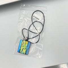 Vintage Dichroic Fused Glass Pendant Necklace Iridescent Blue Green Black Cord
