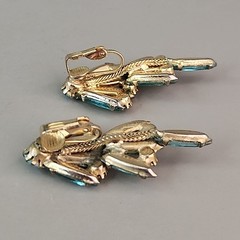 Vintage Rhinestone Brooch Clip Earrings Set Blue Waterfall Articulated Designer