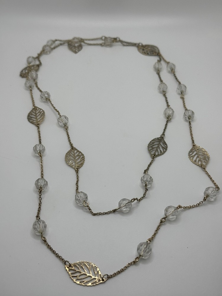 VINTAGE GOLD TONED CHAIN NECKLACE FILIGREE CLEAR BEADS EXTRA LONG