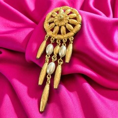 Faux Pearl Waterfall Brooch Gold Tone Dangle Statement Pin Vintage Tona