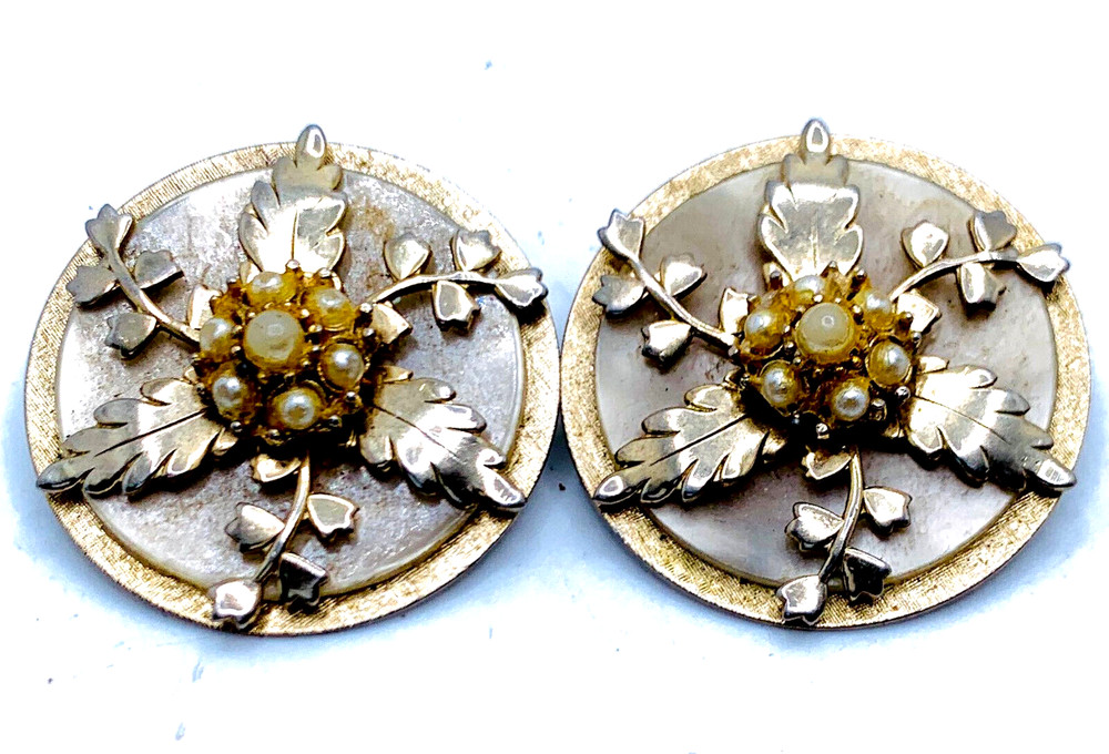 Unusual Layered Round Metal Faux Pearl Floral Art Deco Earrings