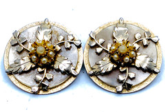 Unusual Layered Round Metal Faux Pearl Floral Art Deco Earrings