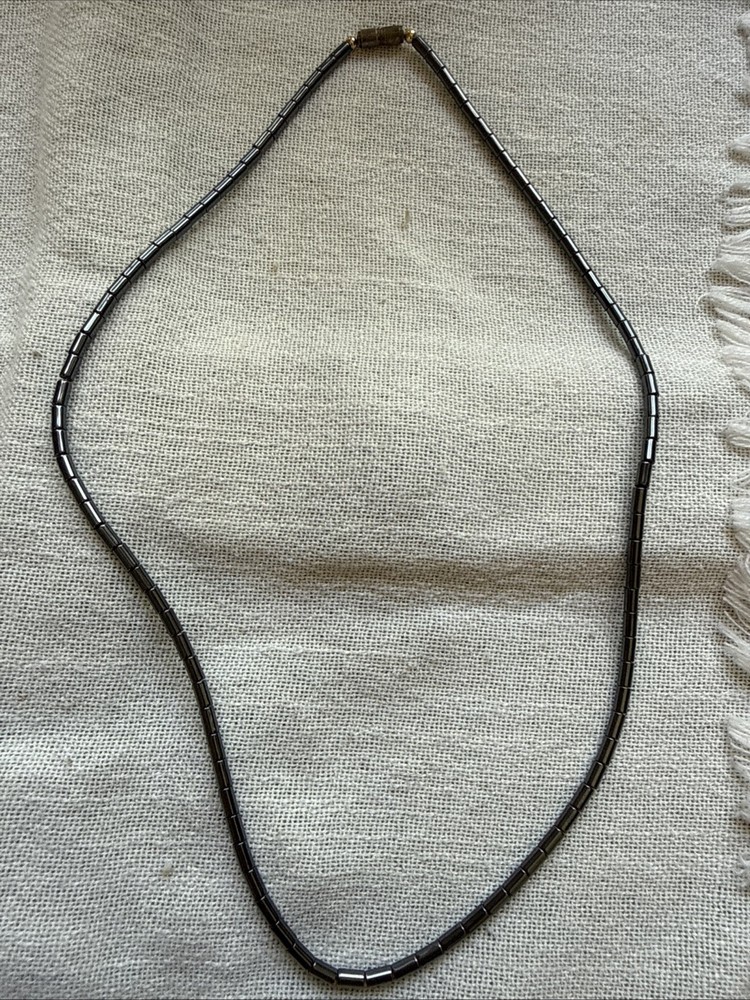 #3 Vintage Hematite Bead Necklace –Sleek Metallic Tube Beads with Magnetic Clasp