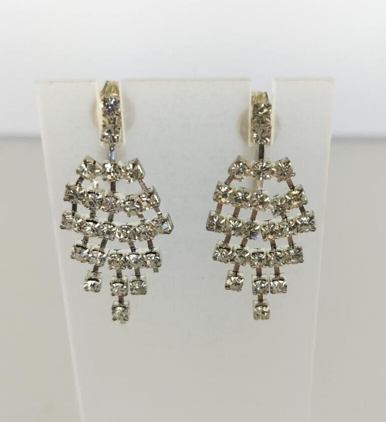 Vintage Earrings Silver Tone Clear Rhinestone Chandelier Dangle Drop Clip On 1.5