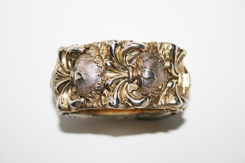 Signed Whiting & Davis Gold Silver Hinged Cuff Bracelet J195