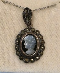Vintage HAN Sterling Silver Marcasite Blue Mother of Pearl Cameo Necklace