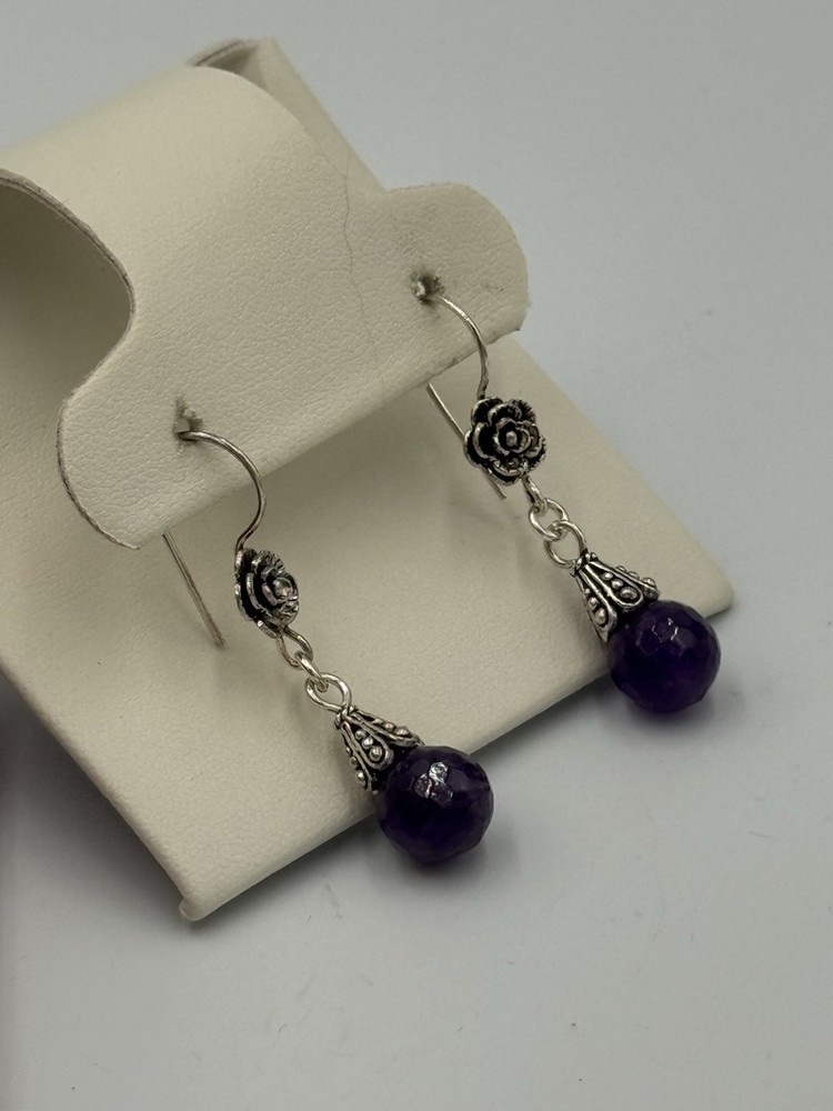 Vintage Sterling Silver 925 Filigree Amethyst Drop Earrings 6 Grams Floral