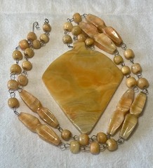 VTG Aztec Carved Orange Agate Tribal Necklace & Mask Pendant 28” Central Mexico