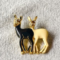 Ebony & Ivory Enamel Deer Brooch Rhinestone Gold Tone Animal Pin Costume Jewelry
