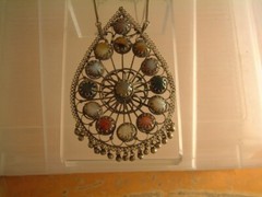 Large Vintage Silver/Bi Metal Gemstone Pendant Chain Necklace India Filigree 5″