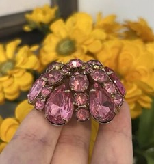 VTG Blush Pink Rhinestone Brooch Pin Big Domed Round Hollywood Regency Style Lg