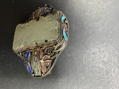 Antique Silver Cloisonne Carved Green Jade Pin/Brooch
