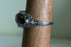 Antique Art Deco 14K ADR White Gold Synthetic Ruby Filigree Marquise Ring Sz 6.5