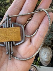 Vintage Mid Century Modern Silver Plate & Wood Gold Crown Inc Pendant Necklace